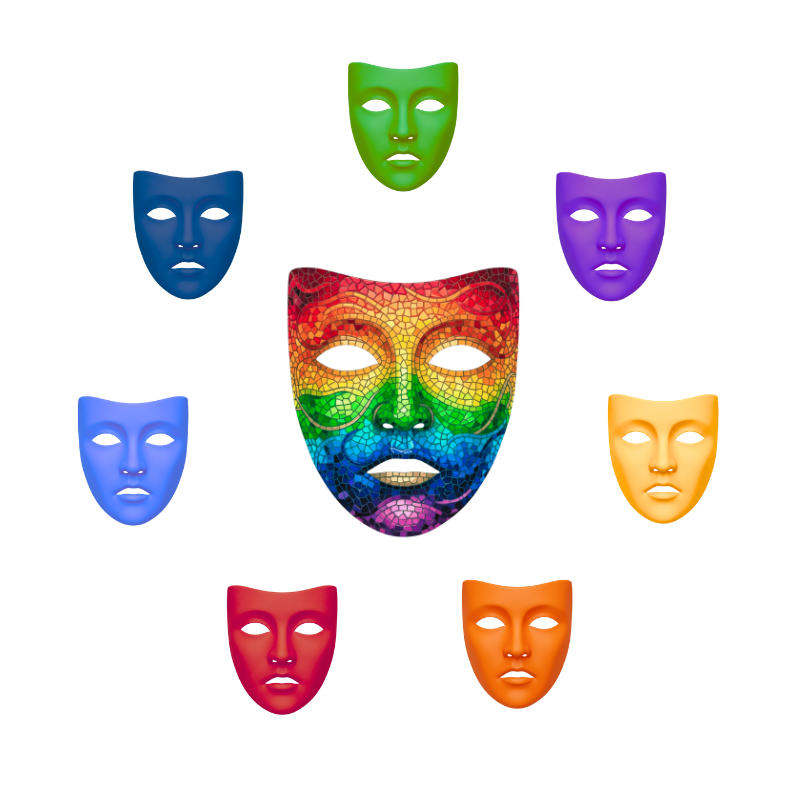 Les 7 masques V.A.L.E.U.R© en cercle autour du masque multicolore central